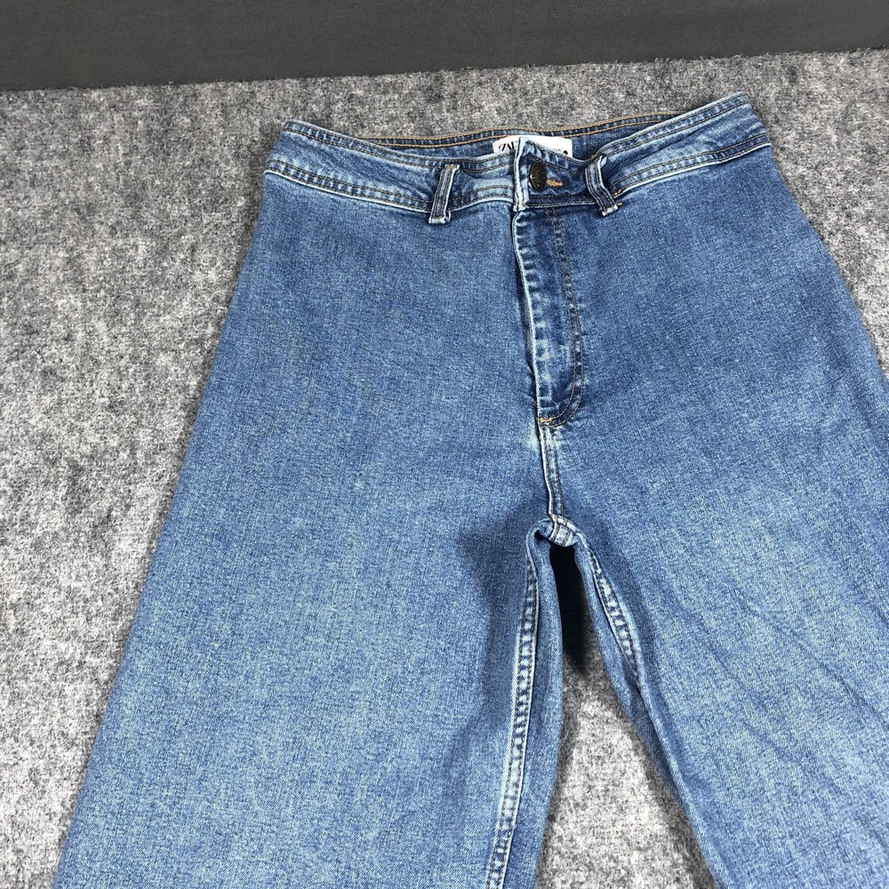 Zara Jeans Womens 10 Medium Wash High Rise Wide Leg Crop Raw Hem Relaxed Denim - Picture 3 of 16